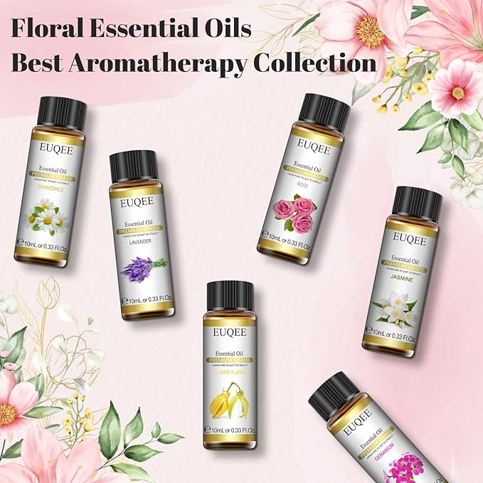 EUQEE Floral Essential Oils Set of 6 Pure Essential Oil Gift Set for Diffusers, Soap & Candle Making - Lavender, Rose, Ylang Ylang, Jasmine, Geranium, Chamomile Aromatherapy Oils - 10ml