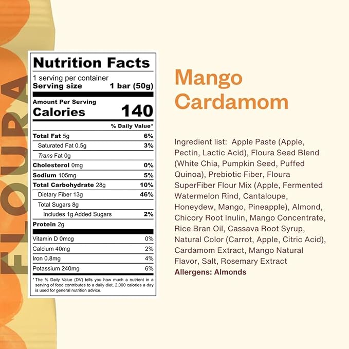 Floura Mango Cardamom Fruit-Forward Fiber Bars– High Fiber, Vegan, Gluten & Dairy Free, Low Calorie Healthy Snack Bars with Upcycled Produce for Gut Health [10 Pack]