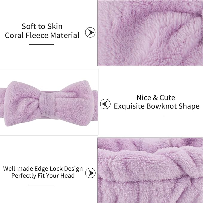 6 Pcs Spa Facial Headbands Set - Soft Fleece Headbands for Makeup, Face Washing, Skin Care, Yoga, and Shower with Bow Hair Band