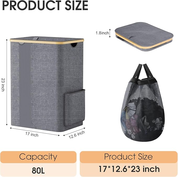 Laundry Basket Clothes Hamper with Lid and Pocket Large Collapsible Laundry Baskets with Handle, Freestanding Hampers for Bedroom Aesthetic, Dorm, Bathroom, Laundry Room (80L,Light Grey)