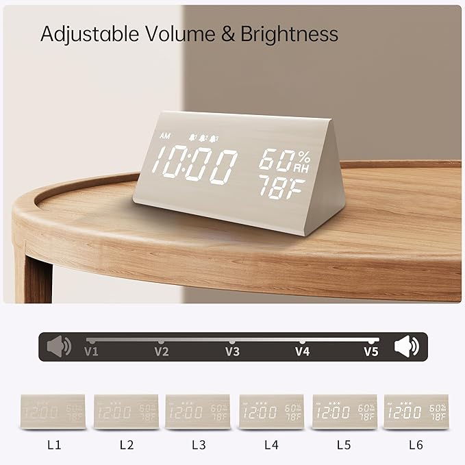 Digital Alarm Clock, with Wooden Electronic LED Time Display, 3 Alarm Settings, Humidity & Temperature Detect, Wood Made Electric Clocks for Bedroom, Bedside (White)