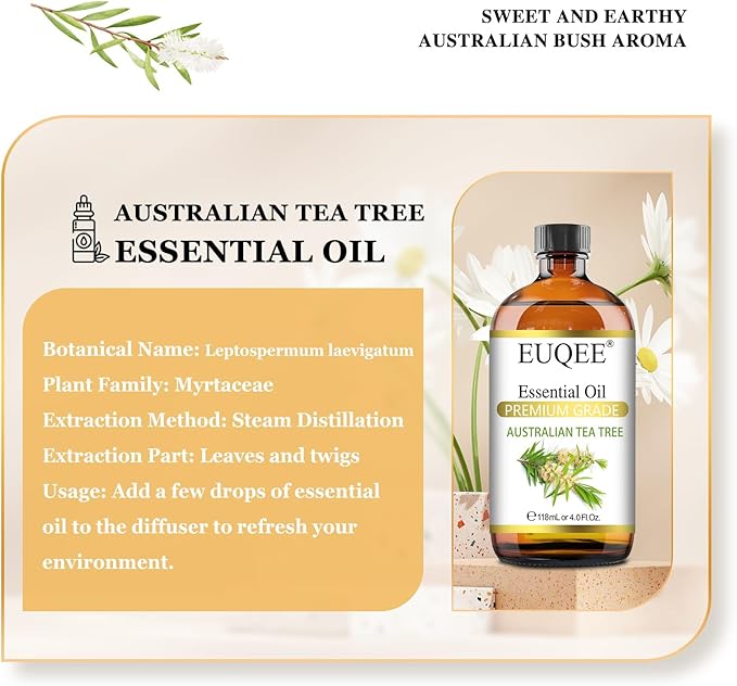 EUQEE Australian Tea Tree Essential Oil (4 oz/118 ml) Premium Grade Australian Tea Tree Oil Essential, Perfect for Diffusers, Humidifier, Candle Making, Soap & Candle Making