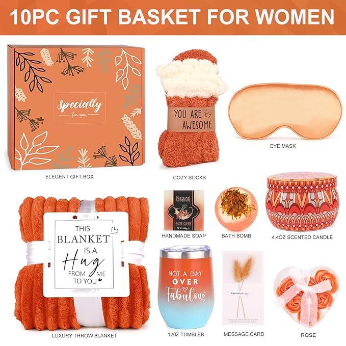 Fall Gifts for Women Orange,Halloween, Birthday Gifts for Mom Her Wife Friend w/Fall Candle,Fall Home Decor,Self Care Get Well Gifts Spa Set, Christmas Thanksgiving Halloween,Boo Basket Gifts Box Cozy