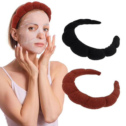 AMCAMI 2 PCS Puffy Spa Headband for Women Sponge Headbands for Girls Terry Towel Cloth Fabric Head Band for Face Washing, Skincare, Makeup Removal, Facial Mask, Shower, Hair Accessories