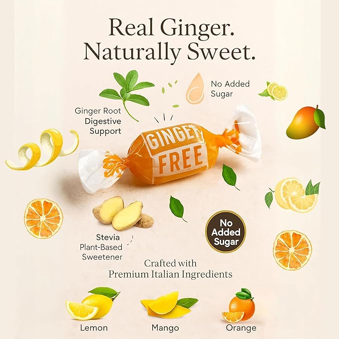 Andy Anand Chocolatier Sugar Free Ginger Candy - Gluten Free Made in Italy Hard Candy, Individually Wrapped Sweetened With Natural Stevia With Mango, Orange & Lemon Assorted Flavors ((55 Pcs, 7 Oz)