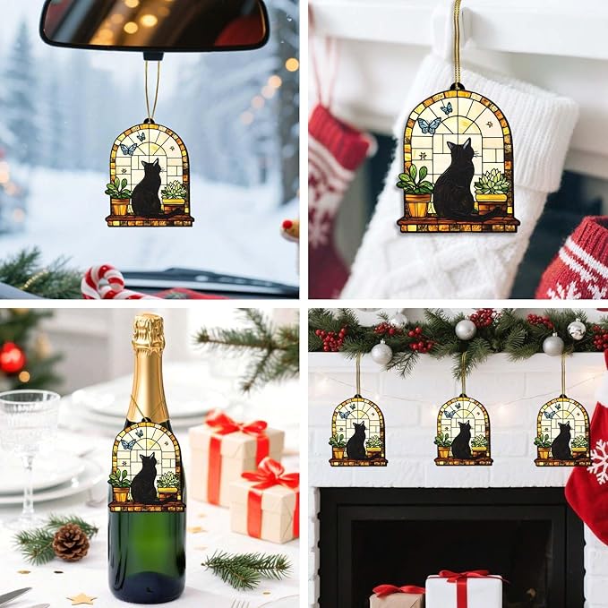 Black Cat Stained Glass Ornament, Window Scene Tree Decoration with Plants and Butterfly, Artistic Wooden Keepsake Gift for Cat Lovers, Women