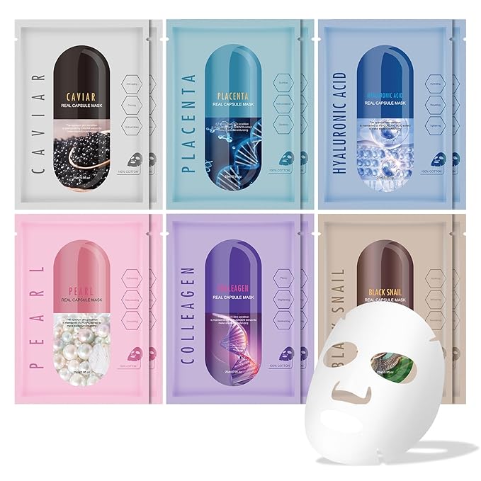 Hyaluronic Acid Face Masks Skincare for Women,Collagen& Snail Facial Masks,Hydrating Face Mask for All Skin Types (12Pack)