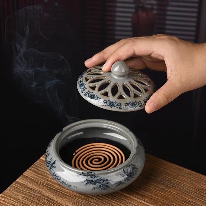 Ceramic Incense Burner with Holder for Stick/Coil Incense,Sage Cones and Mosquito Incense Handmade Smudging Burn Bowl for Cleansing Negative Indoor Energy and Other Incense Rituals, Cyan