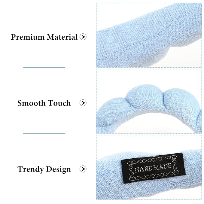 AMCAMI Puffy Spa Headband for Women Sponge Headbands for Girls 2 PCS Terry Towel Cloth Fabric Head Band for Skincare,Makeup Removal,Face Washing,Facial Mask,Shower,Hair Accessories（Blue&Light Green）