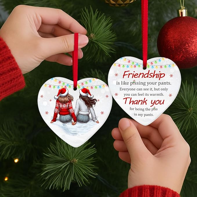 34HD Gifts for Christmas, Best Friends Christmas Ornament Heart-Shaped Ceramic 2-Side Printed, Gifts for Best Friends, Besties, Sisters, Christmas Decorations