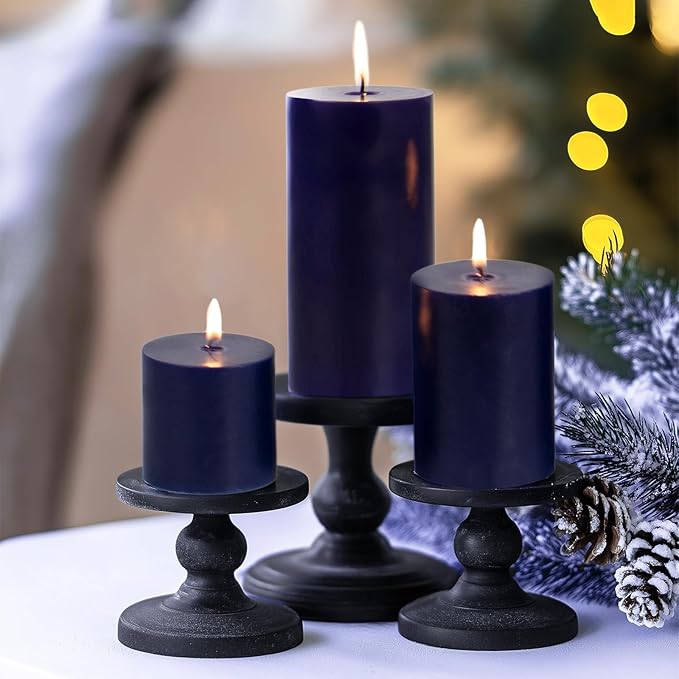 KONNI Navy Blue Pillar Candles Set of 3, 3"x 6" Unscented Pillar Candles Bulk, 56 Hours Long Burning Candles, Smokeless&Dripless Large Round Candle for Wedding, Home Decoration, Parties, Spas, Dinner