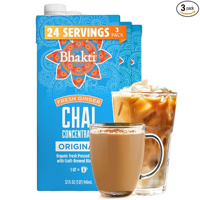 Bhakti Chai Tea Concentrate | Original, Organic Fresh Ginger, Black Tea, Sweetened, Spiced, Dairy-Free, Vegan (Pack of 3)