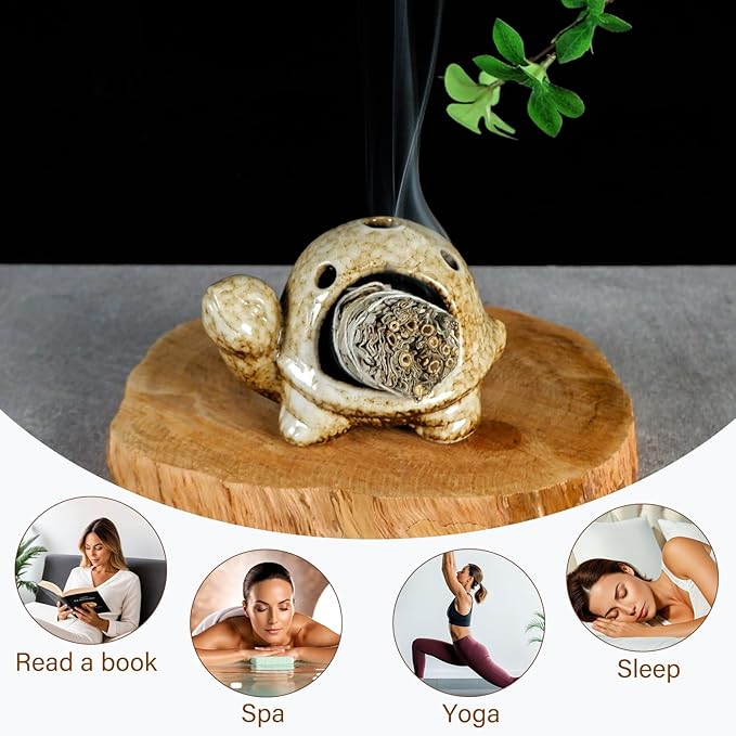 Handcrafted Brown Ceramic Turtle Mini Chiminea Palo Santo Burner Holder ，for Burning Sage、Cone Incense、Copal&Small Candle，Thoughtful Gifts for Meditation, Yoga, Aromatherapy Altar、Zen Spaces