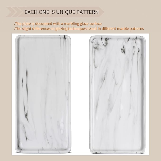 Gurygo 10" Bathroom Tray for Counter, Ceramic Vanity Trays for Bathroom, Small Rectangle Ceramic Trays, Kitchen Soap Ceramic Tray for Kitchen Counter, (Marble White, Set/1)