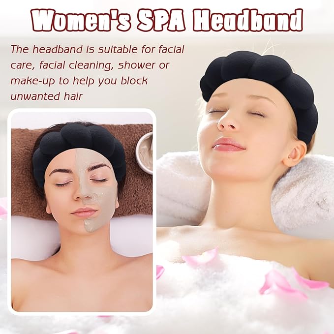 Zkptops Spa Headbands for Washing Face or Facial Sponge Makeup Skin Care Headband Wristband Set Towel Bubble Soft Sponge Hairband for Women Girls Puffy Winter Non Slip Thick Thin Hair Accessory(Black)