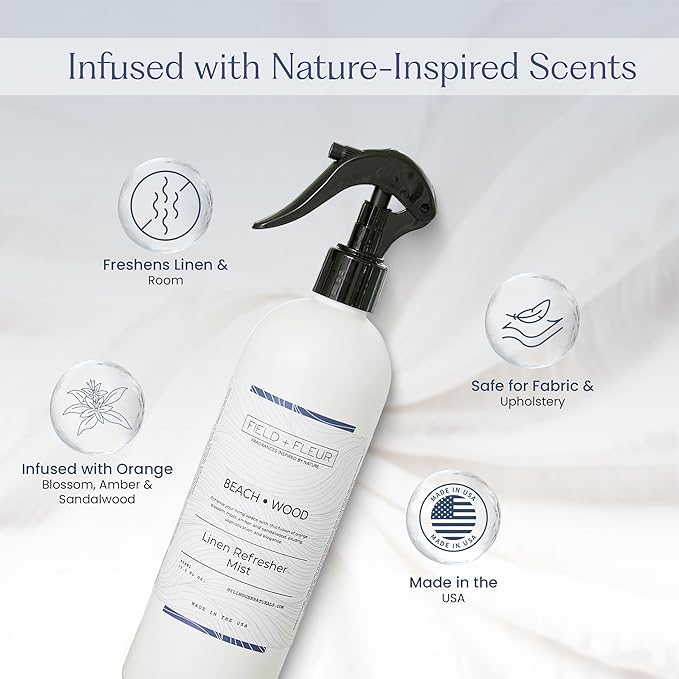 FIELD FLEUR Beachwood Linen & Room Spray 15.5 oz - Aromatic & Refreshing Bedding & Fabric Mist - Air Freshener for Clothes & Sofas - Notes of Peach, Orange Blossom, Moss & Sandalwood -Made in USA