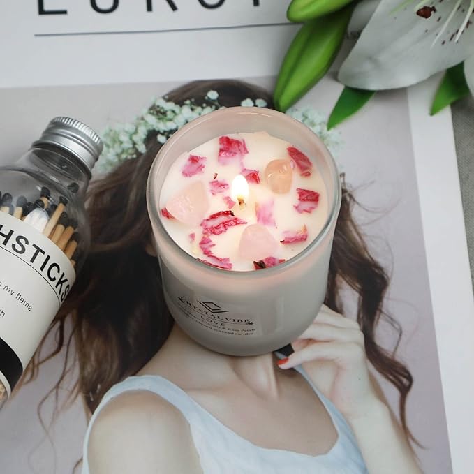 Crystal Vibe Rose Scented Candle for Love Romance Attraction - Love Candle with Rose Quartz Crystals - Aromatherapy Candles