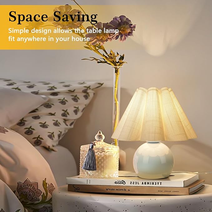 Light Blue Small Bedside Mini Table Lamp for Bedroom, Cute Bedroom Lamps for Nightstand, Cute Mini Table Lamps for Small Spaces with Scalloped Shade for Kitchen Counter, Bookshelf, Kids Dorm, Office