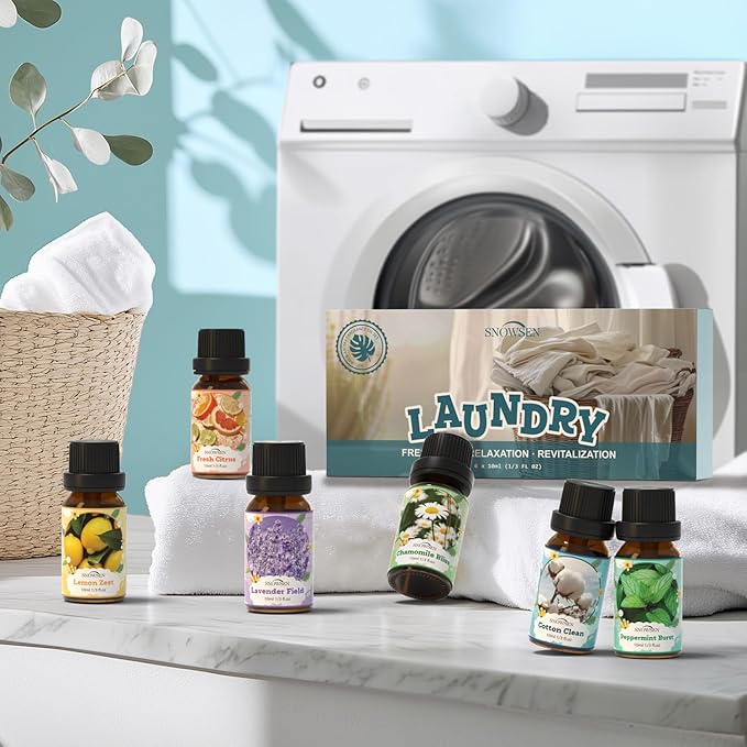 Laundry Fragrance Oils Set, SNOWSEN Clean Essential Oils for Diffuser, Wool Dryer Balls, Cotton Clean, Chamomile Bliss, Fresh Citrus, Lavender Field,Peppermint Burst, Lemon Zest, Freshie Scented Oil