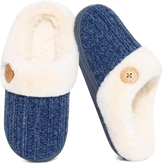 Evshine Warm Knit House Slippers for Women Comfy Wool-Like Lined Chenille Slippers with Memory Foam and Indoor Outdoor Soles