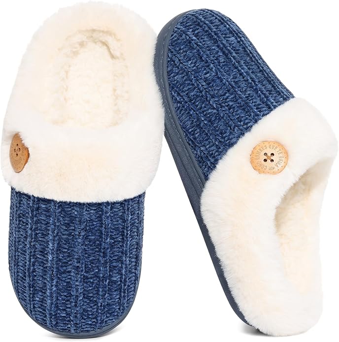 Evshine Warm Knit House Slippers for Women Comfy Wool-Like Lined Chenille Slippers with Memory Foam and Indoor Outdoor Soles