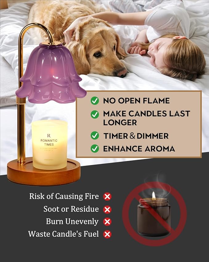 Candle Warmer Lamp with Timer Dimmable, Height Adjustable Birthday Gifts for Women Mom House Warming, Home Decor, Lotus Flower Candle Lamp Warmer 2 Bulbs Inc (Purple-1)