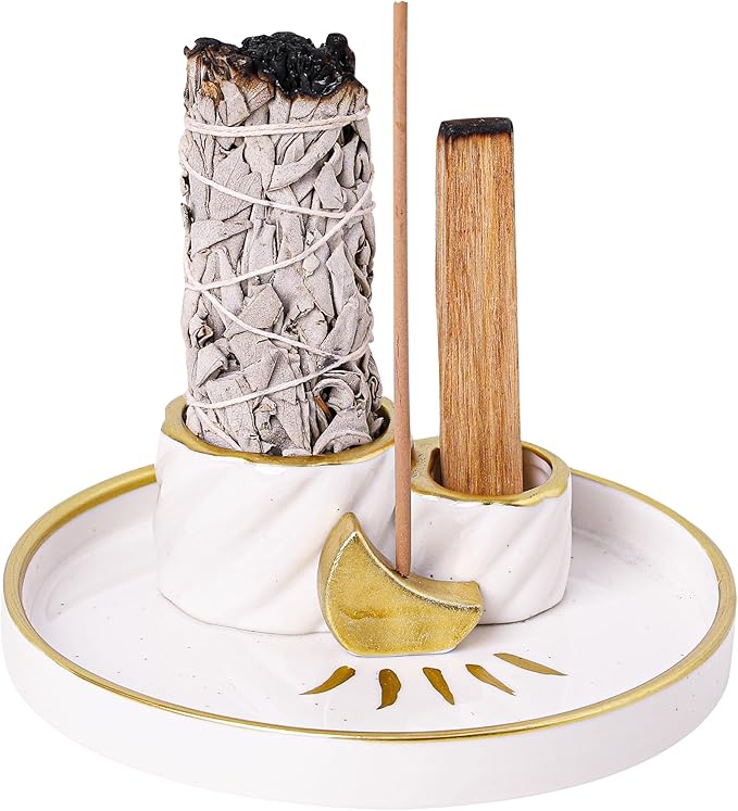 Ceramic Incense Holder Burner, Sage Holder for Burning, Palo Santo Sticks Holder, 5.51" Ash Catch Tray, Smudge Dish for Meditation Yoga, Modern Home Decor Gift