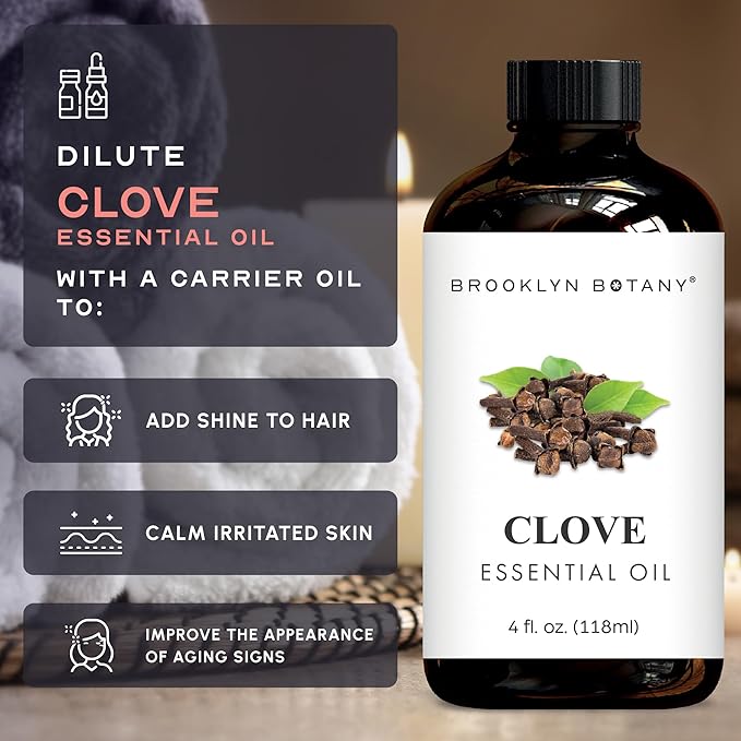Brooklyn Botany Clove Essential Oil - Huge 4 Fl Oz - 100% Pure and Natural - Premium Grade with Dropper - for Aromatherapy and Diffuser