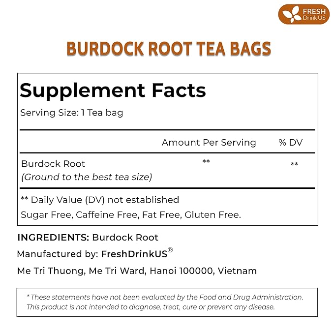 FreshDrinkUS, Premium 120 Burdock Root Tea Bags, 100% Natural & Pure, Herbal Tea. Made with Natural Material Tea Bags. No Sugar, No Caffeine, No Gluten, Vegan.