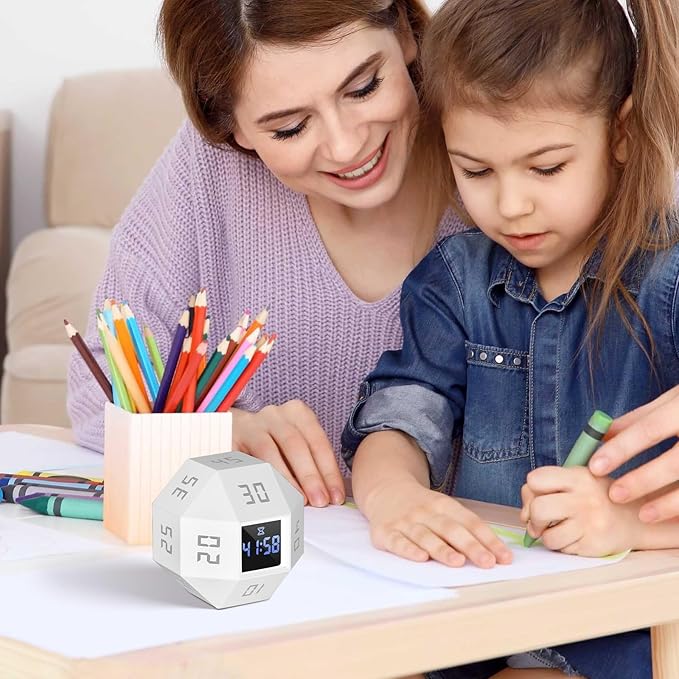 Flip Gravity Timer - 12-Side Time Management Cube with Preset Intervals, Silent Productivity Tool for Office, Study & Gym, Portable Focus Timer (White)