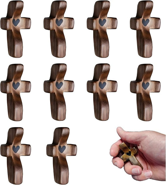 Atlodas Cross My Heart, Encouragement Gift, Relieve Anxiety Comfort for Clutching, Clinging and Praying, Wooden Cross Fidget, Pocket Olive Wood Crosses Religious Gift for Children and Adults(10 Pcs)