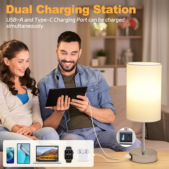 AKASUKI Table Lamp for Bedroom, 3 Way Dimmable Touch Lamp with Dual Charging Station, Small Bedside Lamps for Night Stands, Living Room, Office(LED Bulb Included)
