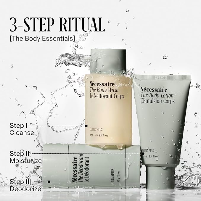 Nécessaire Eucalyptus Body Essentials Set – Travel-Size Body Wash, Body Lotion + Deodorant | For Women + Men | Dermatologist-Tested. Hypoallergenic. Vegan | Aluminum-Free Deodorant