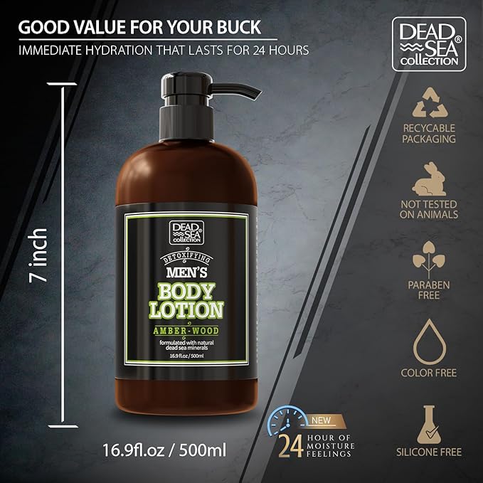 Dead Sea Collection Amberwood Men's Body Lotion - Amberwood Oil and Dead Sea Minerals - Maximum Hydration Nourishing Moisturizing Lotion for Men - 16.9 Fl Oz Bottle