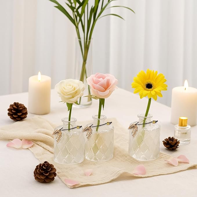 Glass Reed Diffusers Bottles for Home, Diffuser Bottles with 20PCS Reed Diffuser Sticks, Vintage Embossed Apothecary Style Flower Bud Vases with Cork Lids, Set of 3