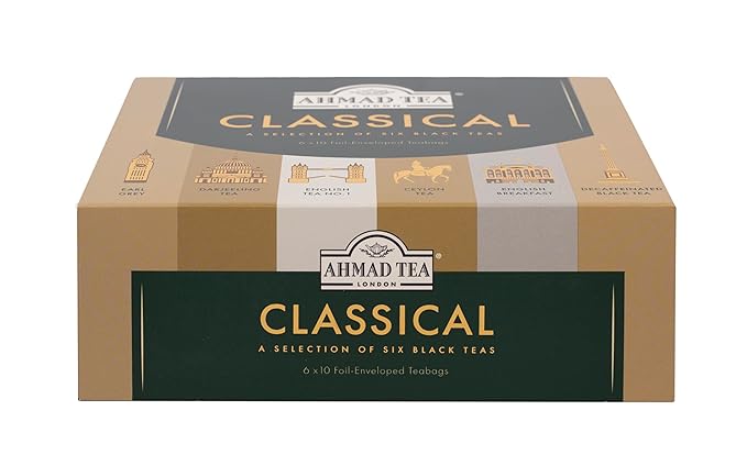 Ahmad Tea Black Tea, Classic Selection Pack Teabags, 60 Foil Teabags - Caffeinated, Decaffeinated, & Sugar-Free