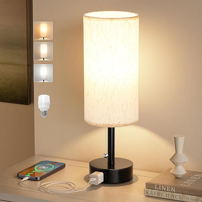 Fenmzee Bedside Table Lamp for Nightstand - 3 Color Temperatures Pull Chain Lamp with AC Outlet Charging Port, Round Night Stand Light for Bedroom Living Room, Small Bed Side Light with E26 LED Bulb