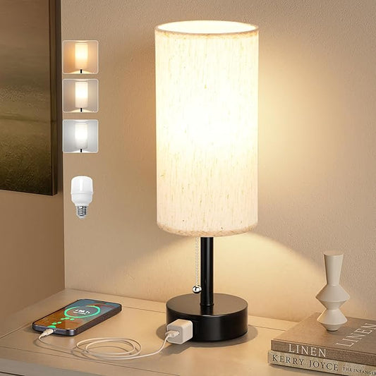 Fenmzee Bedside Table Lamp for Nightstand - 3 Color Temperatures Pull Chain Lamp with AC Outlet Charging Port, Round Night Stand Light for Bedroom Living Room, Small Bed Side Light with E26 LED Bulb