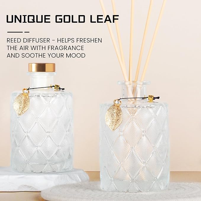 Glass Reed Diffusers Bottles for Home, Diffuser Bottles with 20PCS Reed Diffuser Sticks, Vintage Embossed Apothecary Style Flower Bud Vases with Cork Lids, Set of 3