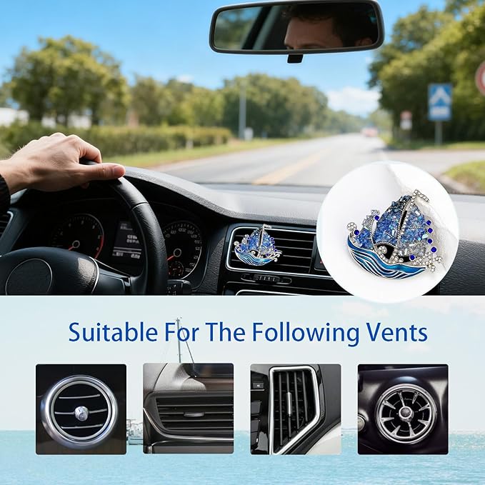 Coastal Car Decor,Sailboat Car Air Vent Freshener Clips,Crystal Blue Nautical Diffuser Charm for Women Sailor Seaman,Glitter Ocean Wave Decoration Gift