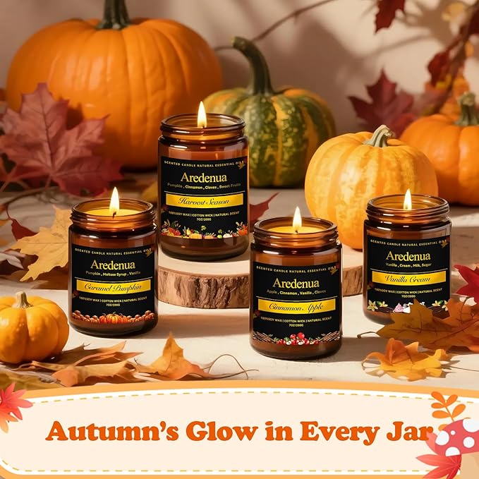 Fall Candles | Vanilla Pumpkin Scented Candle - Scented Candles for Autumn, 7oz Autumn Soy Candle with 50hr Burn Time, Holiday Thanksgiving Fall Gifts for Women Men