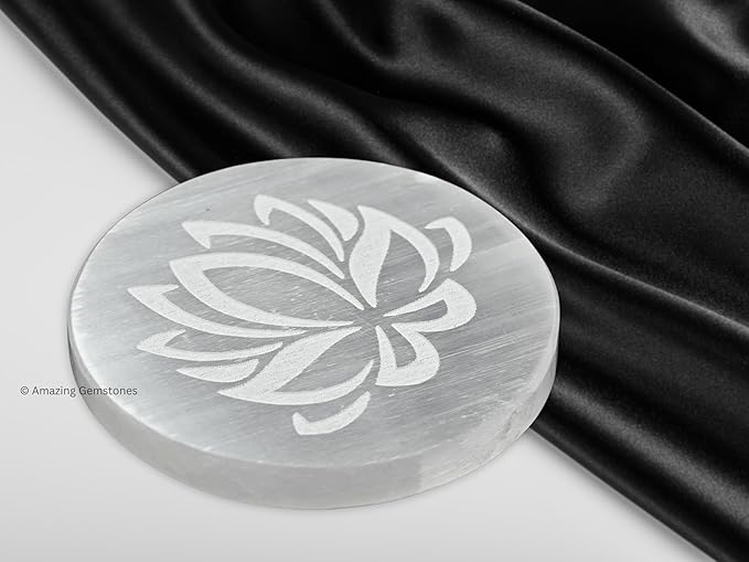 Amazing Gemstone Selenite Crystal Charging Plate For Crystals And Healing Stones, 3" Selenite Crystal Plate Engraved Lotus Flower of Life Coaster For Home, Office Table Decor (Selenite Round Disc)
