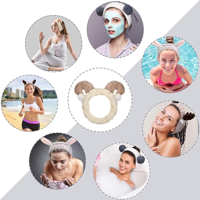 Chuangdi 4 Pcs Animals Ears Headbands Cute Face Washing Spa Fuzzy Headband for Women Elastic Turban Hair Bands Shower Head Wraps Facial Headband for Cosplay Party