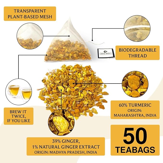 BREWIX, Turmeric Ginger Herbal Tea Bags (50 Pyramid Tea Bags) Caffeine-Free Ayurvedic Blend for Daily Wellness & Immune Balance | Daily Wellness Ritual | Gluten Free | Real Ingredients From India