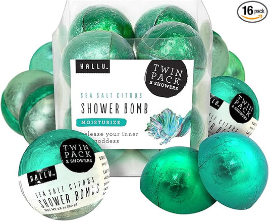 Hallu Mermaid Shower Bomb, Sea Salt Citrus Scent Shower Steamer, 80 g Each, 8 Packs of 2 (16 Total)