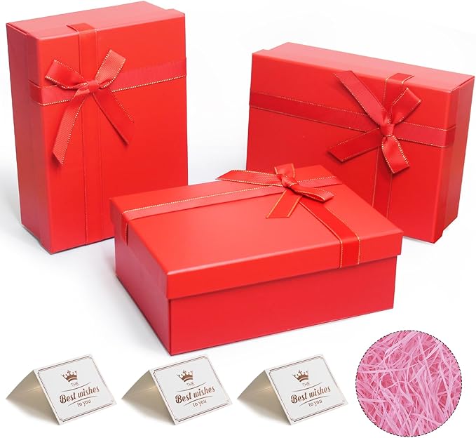 Eerbaier Gift Boxes for Presents, 3 Pack 8.6 x 6.3 x 3.5 Red Gift Wrap Boxes, Red Gift Box with Lid, Empty Box for Gift Wrapping