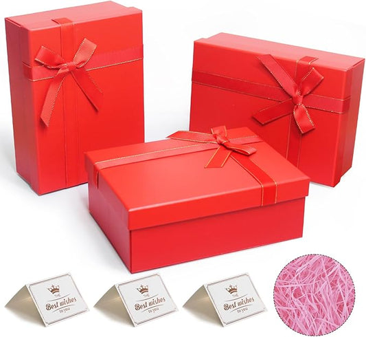 Eerbaier Gift Boxes for Presents, 3 Pack 8.6 x 6.3 x 3.5 Red Gift Wrap Boxes, Red Gift Box with Lid, Empty Box for Gift Wrapping