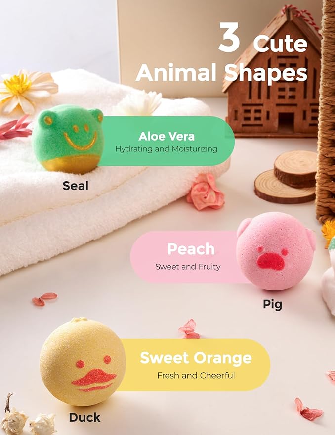 Momcozy Natural Essential Oil Bath Bombs,3 Pcs Bubble Bath Fizzy Balls with 3 Cute Shapes,Bath Bombs Gift Set for Kids Girls Boys Toddler, Ideal Gift for Birthday, Bath Bomb Kit