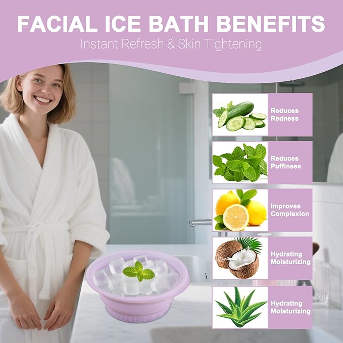 Face Bowl for Ice with Built-in Ice Tray – Collapsible Silicone Facial Ice Bath Bowl for Cold Plunge Therapy, Acne Relief & Skin Tightening – Purple Home, Camping & Travel Portable Spa Tool