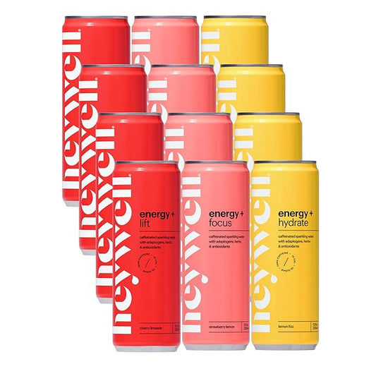 Heywell Sparkling Adaptogenic, Water Energy and Focus, Energy Variety Pack, 12 Fluid Ounce (Pack of 12) - Caffeinated, Organic, Non GMO, Vegan, Gluten Free, Dairy Free